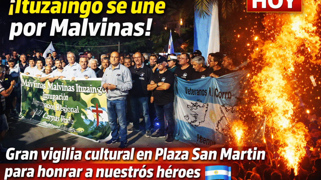 Veteranos de Malvinas Ituzaingó y vecinos en la Plaza San Martín durante la vigilia oficial del Gobierno Municipal.