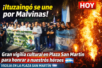 Veteranos de Malvinas Ituzaingó y vecinos en la Plaza San Martín durante la vigilia oficial del Gobierno Municipal.