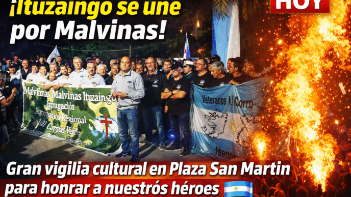Veteranos de Malvinas Ituzaingó y vecinos en la Plaza San Martín durante la vigilia oficial del Gobierno Municipal.
