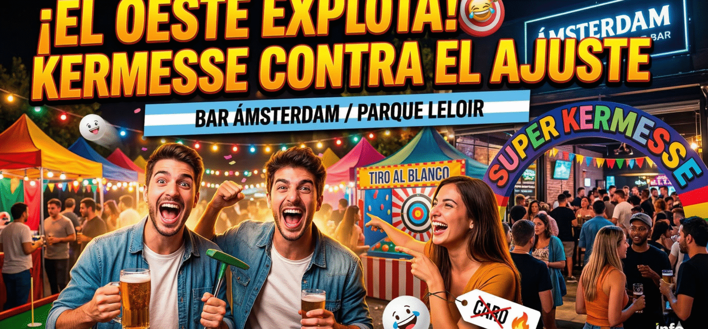 Multitud de jóvenes celebrando en la super kermesse del bar Ámsterdam en Parque Leloir, Ituzaingó, como forma de resistencia al ajuste económico.