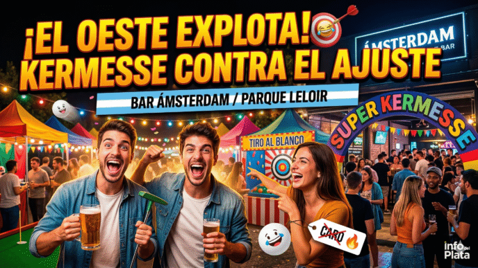 Multitud de jóvenes celebrando en la super kermesse del bar Ámsterdam en Parque Leloir, Ituzaingó, como forma de resistencia al ajuste económico.