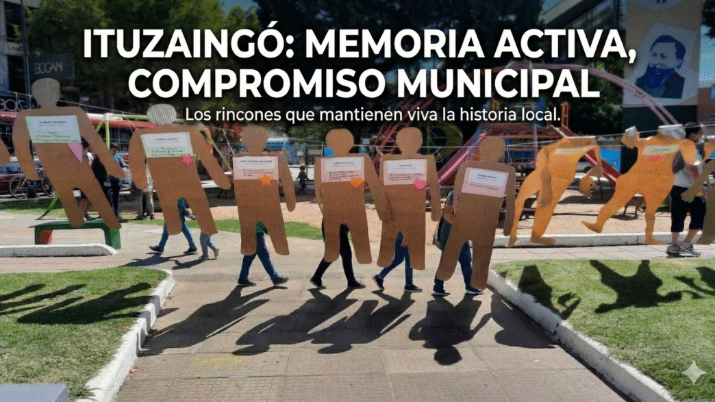 Instalación artística por el Día de la Memoria en la Plaza San Martín de Ituzaingó. Siluetas de cartón que recuerdan a los detenidos-desaparecidos del distrito con el texto: Ituzaingó Memoria Activa, Compromiso Municipal.