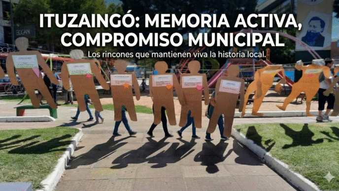 Instalación artística por el Día de la Memoria en la Plaza San Martín de Ituzaingó. Siluetas de cartón que recuerdan a los detenidos-desaparecidos del distrito con el texto: Ituzaingó Memoria Activa, Compromiso Municipal.