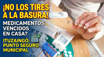 Manos sosteniendo medicamentos vencidos y blísters vacíos. Campaña oficial de Puntos Seguros del Municipio de Ituzaingó para no tirar remedios a la basura y cuidar el medio ambiente.