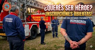 Grupo de bomberos voluntarios de Ituzaingó en el cuartel con texto superpuesto de "¡INSCRIPCIONES ABIERTAS: SUMATE COMO ASPIRANTE!"