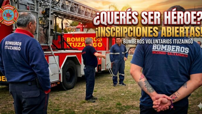 Grupo de bomberos voluntarios de Ituzaingó en el cuartel con texto superpuesto de "¡INSCRIPCIONES ABIERTAS: SUMATE COMO ASPIRANTE!"