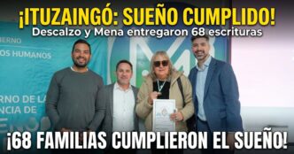 Emocionante entrega de escrituras gratuitas en Ituzaingó: el intendente Pablo Descalzo y vecinos celebrando la casa propia en el Polideportivo La Torcaza.