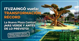 Render oficial de la nueva Plaza 20 de Febrero en Ituzaingó con espacios verdes y juegos infantiles, obra gestionada por Pablo Descalzo con estacionamiento subterráneo.