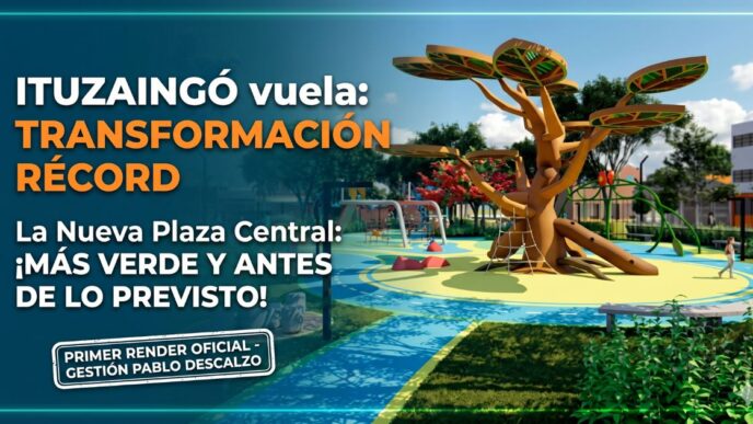 Render oficial de la nueva Plaza 20 de Febrero en Ituzaingó con espacios verdes y juegos infantiles, obra gestionada por Pablo Descalzo con estacionamiento subterráneo.