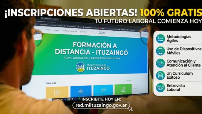 Estudiante ingresando a la plataforma virtual de la Municipalidad de Ituzaingó para inscribirse en los nuevos cursos gratuitos con salida laboral.