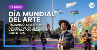 Gaucho artista pintando un mural en una plaza de Ituzaingó durante el Día Mundial del Arte, reflejando la gestión cultural y la identidad colectiva del Oeste.