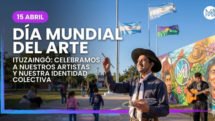 Gaucho artista pintando un mural en una plaza de Ituzaingó durante el Día Mundial del Arte, reflejando la gestión cultural y la identidad colectiva del Oeste.