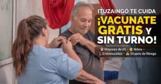 Campaña de vacunación antigripal gratuita en Ituzaingó 2026: adulto mayor recibiendo su dosis sin turno en un CAPS.