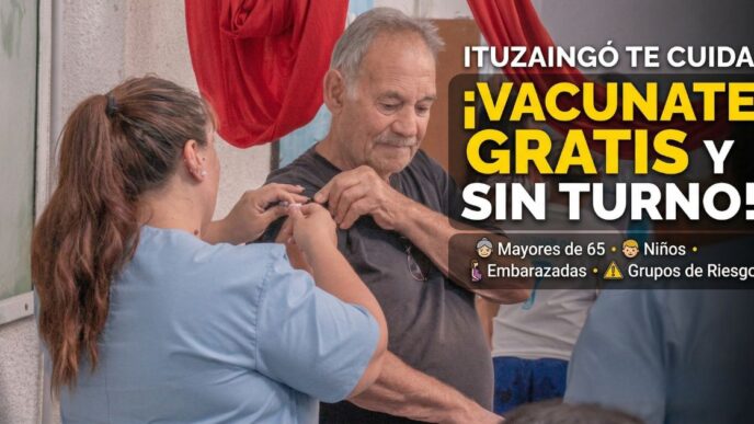 Campaña de vacunación antigripal gratuita en Ituzaingó 2026: adulto mayor recibiendo su dosis sin turno en un CAPS.