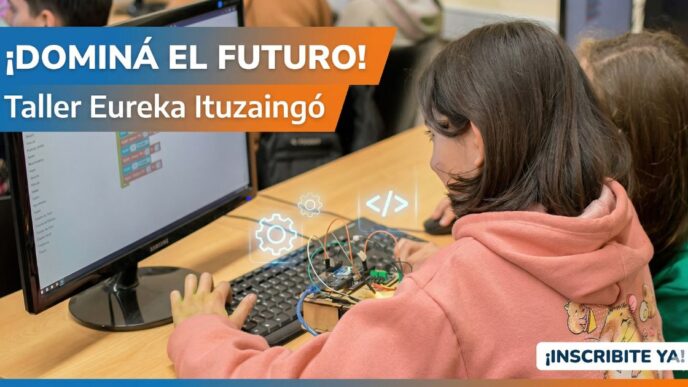 Adolescentes aprendiendo robótica y programación en el taller de informática en Ituzaingó dictado por la Escuela Eureka.