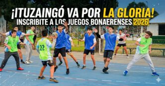 Vibrante partido de handball con atletas de Ituzaingó compitiendo ferozmente en los Juegos Bonaerenses 2026. La miniatura incluye texto llamativo que dice '¡ITUZAINGÓ VA POR LA GLORIA!' y 'INSCRIBITE A LOS JUEGOS BONAERENSES 2026', capturando el espíritu de equipo y la determinación de nuestros deportistas locales bajo la gestión municipal de Ituzaingó.