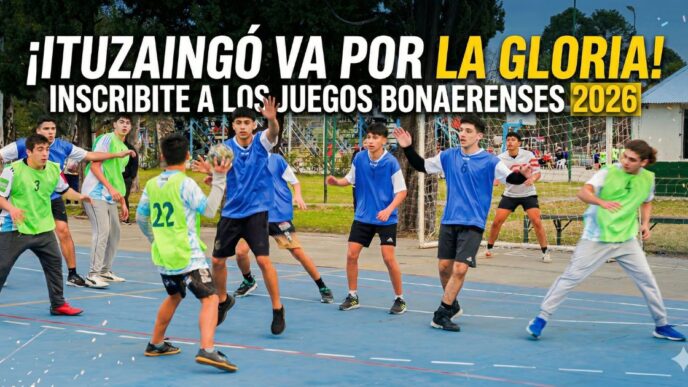 Vibrante partido de handball con atletas de Ituzaingó compitiendo ferozmente en los Juegos Bonaerenses 2026. La miniatura incluye texto llamativo que dice '¡ITUZAINGÓ VA POR LA GLORIA!' y 'INSCRIBITE A LOS JUEGOS BONAERENSES 2026', capturando el espíritu de equipo y la determinación de nuestros deportistas locales bajo la gestión municipal de Ituzaingó.