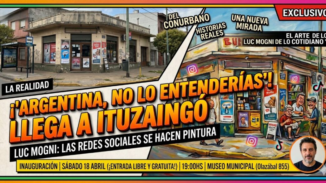 Obra viral de Luc Mogni sobre el conurbano exhibida en el Museo Histórico Municipal de Ituzaingó.