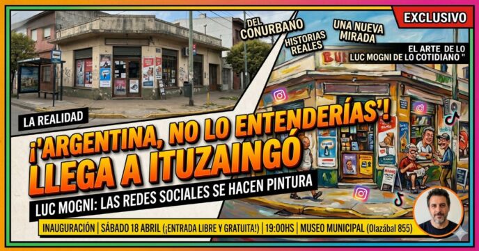 Obra viral de Luc Mogni sobre el conurbano exhibida en el Museo Histórico Municipal de Ituzaingó.