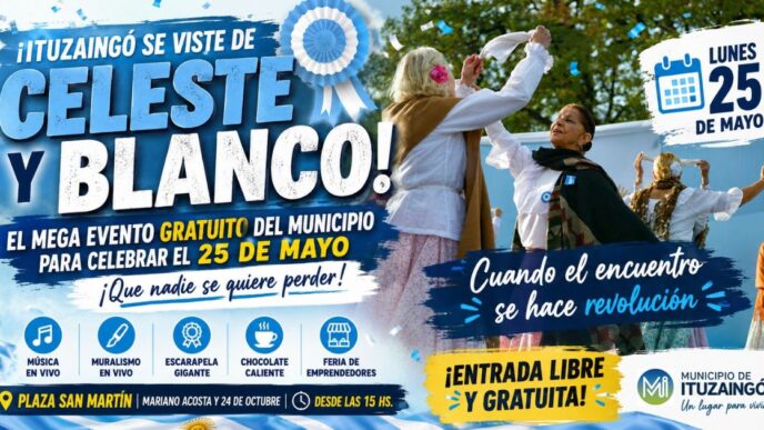 Festejos por el 25 de mayo en Ituzaingó, vecinos disfrutando de la gran fiesta patria gratuita y shows en vivo en la Plaza San Martín.
