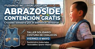 Niño con chaleco sensorial de jean en Ituzaingó. Cruzada solidaria de Casa TEA y la gestión municipal por la inclusión y la salud mental.
