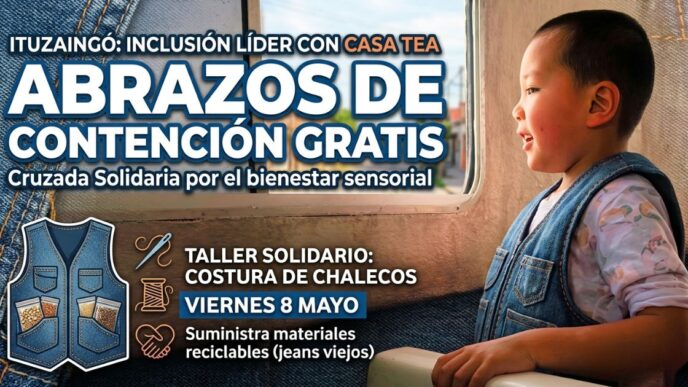 Niño con chaleco sensorial de jean en Ituzaingó. Cruzada solidaria de Casa TEA y la gestión municipal por la inclusión y la salud mental.
