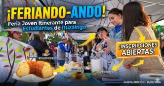 Miniatura de noticia para Feriando-Ando en Ituzaingó, mostrando a estudiantes secundarios emprendiendo en una feria itinerante con el apoyo del Municipio. Incluye iconos de capacitación (Entrenamiento, Finanzas, Marketing) y un banner de '¡Inscripciones Abiertas!'.