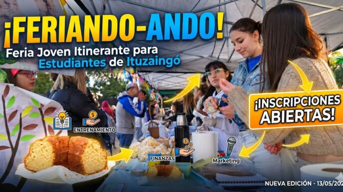 Miniatura de noticia para Feriando-Ando en Ituzaingó, mostrando a estudiantes secundarios emprendiendo en una feria itinerante con el apoyo del Municipio. Incluye iconos de capacitación (Entrenamiento, Finanzas, Marketing) y un banner de '¡Inscripciones Abiertas!'.