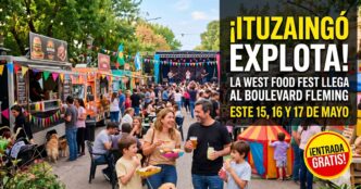 Multitud de vecinos disfrutando en la feria gastronómica La West Food Fest en el Boulevard Fleming de Ituzaingó con food trucks y shows en vivo