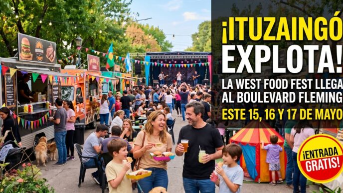 Multitud de vecinos disfrutando en la feria gastronómica La West Food Fest en el Boulevard Fleming de Ituzaingó con food trucks y shows en vivo