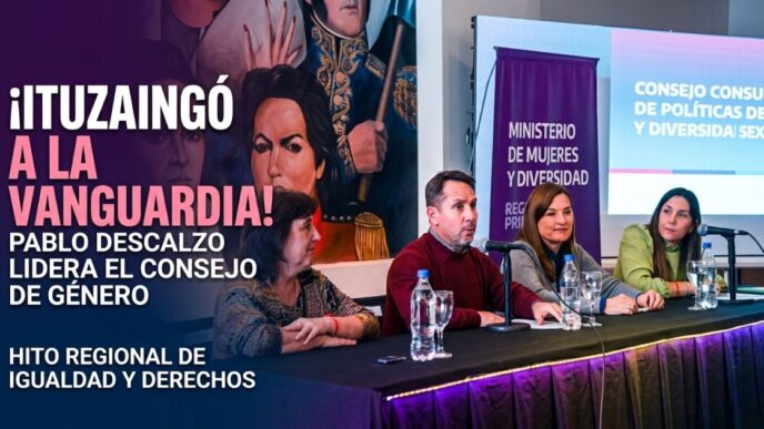 Pablo Descalzo y la ministra Estela Díaz encabezando el Consejo Consultivo de Políticas de Género en Ituzaingó.