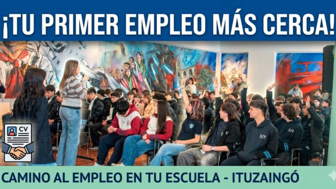 Miniatura de alto impacto de la noticia: '¡TU PRIMER EMPLEO MÁS CERCA!'. Imagen modificada de un taller en el Auditorio Néstor Kirchner con estudiantes interactuando y texto superpuesto claro sobre el programa 'Camino al Empleo en tu Escuela - Ituzaingó'. Incluye íconos de CV y escudo municipal.