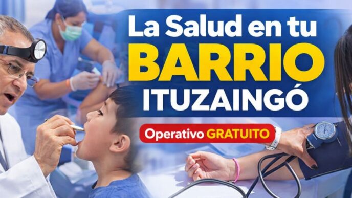 Profesionales de salud atienden a vecinos en el operativo gratuito “La Salud en tu Barrio” en Ituzaingó, con vacunación y controles médicos.