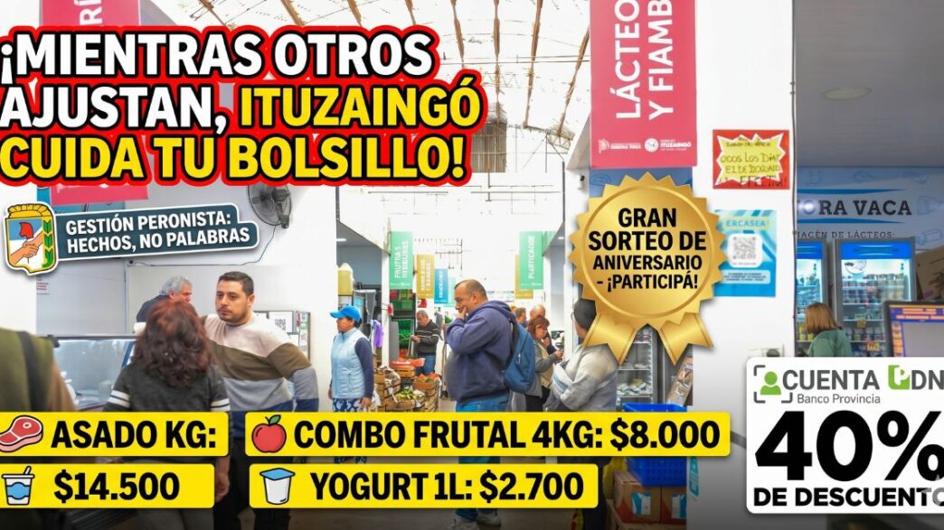Mercado Bonaerense Ituzaingó lleno de vecinos aprovechando ofertas de asado, frutas y el 40% de descuento con Cuenta DNI para ganarle al ajuste.