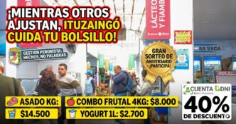 Mercado Bonaerense Ituzaingó lleno de vecinos aprovechando ofertas de asado, frutas y el 40% de descuento con Cuenta DNI para ganarle al ajuste.