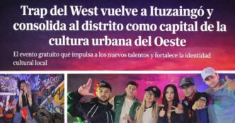 Grupo de artistas urbanos posando en Ituzaingó durante el evento Trap del West, símbolo de la cultura joven y el talento independiente del Oeste bonaerense.