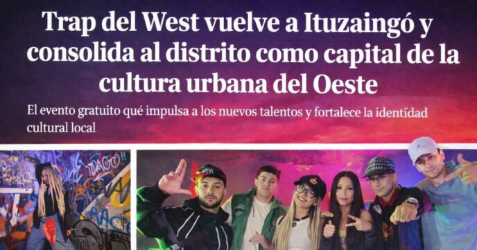 Grupo de artistas urbanos posando en Ituzaingó durante el evento Trap del West, símbolo de la cultura joven y el talento independiente del Oeste bonaerense.