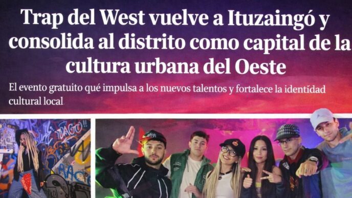Grupo de artistas urbanos posando en Ituzaingó durante el evento Trap del West, símbolo de la cultura joven y el talento independiente del Oeste bonaerense.