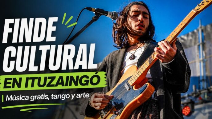 Músico tocando guitarra en vivo durante una actividad cultural gratuita en Ituzaingó, parte de la agenda cultural del fin de semana con música, tango y arte.