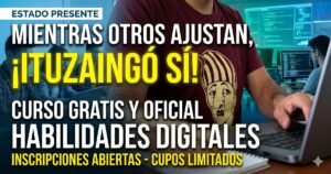 Hombre usando una computadora. Gráfica con el texto: Estado presente. Mientras otros ajustan, ¡Ituzaingó sí! Curso gratis y oficial de Habilidades Digitales. Inscripciones abiertas y cupos limitados para el curso gratuito en Ituzaingó.