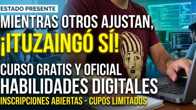 Hombre usando una computadora. Gráfica con el texto: Estado presente. Mientras otros ajustan, ¡Ituzaingó sí! Curso gratis y oficial de Habilidades Digitales. Inscripciones abiertas y cupos limitados para el curso gratuito en Ituzaingó.