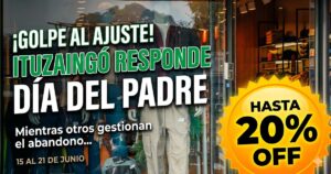Miniatura viral para noticia: Fondo de comercio local en Ituzaingó vibrante con cartelería de descuentos del 20%. Texto superpuesto en tipografía grande y bold anunciando: "¡GOLPE AL AJUSTE! Ituzaingó salva el Día del Padre con descuentos reales". Simboliza la diferencia entre un Estado presente y el abandono de los distritos libertarios.