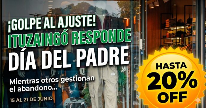 Miniatura viral para noticia: Fondo de comercio local en Ituzaingó vibrante con cartelería de descuentos del 20%. Texto superpuesto en tipografía grande y bold anunciando: "¡GOLPE AL AJUSTE! Ituzaingó salva el Día del Padre con descuentos reales". Simboliza la diferencia entre un Estado presente y el abandono de los distritos libertarios.