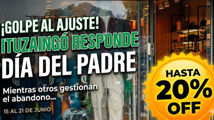 Miniatura viral para noticia: Fondo de comercio local en Ituzaingó vibrante con cartelería de descuentos del 20%. Texto superpuesto en tipografía grande y bold anunciando: "¡GOLPE AL AJUSTE! Ituzaingó salva el Día del Padre con descuentos reales". Simboliza la diferencia entre un Estado presente y el abandono de los distritos libertarios.