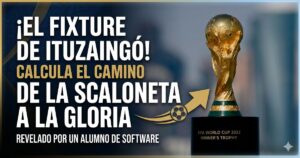 Copa del Mundo y texto promocional del fixture interactivo del Mundial 2026 creado por un estudiante de Software en Ituzaingó. Simulador viral de la Scaloneta.