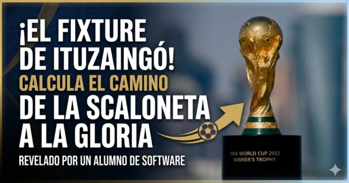 Copa del Mundo y texto promocional del fixture interactivo del Mundial 2026 creado por un estudiante de Software en Ituzaingó. Simulador viral de la Scaloneta.