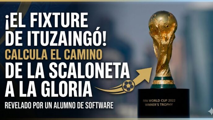 Copa del Mundo y texto promocional del fixture interactivo del Mundial 2026 creado por un estudiante de Software en Ituzaingó. Simulador viral de la Scaloneta.