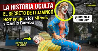 Estatua Homenaje a los Mimos de Danilo Bambú en la Plaza 20 de Febrero de Ituzaingó, un espacio cultural defendido frente al ajuste de la gestión de Javier Milei.