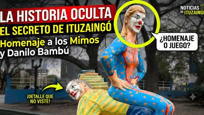 Estatua Homenaje a los Mimos de Danilo Bambú en la Plaza 20 de Febrero de Ituzaingó, un espacio cultural defendido frente al ajuste de la gestión de Javier Milei.