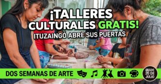 Miniatura de video promocional de la Muestra de Talleres Culturales de Ituzaingó. Muestra manos trabajando arcilla con texto grande '¡TALLERES CULTURALES GRATIS!' e iconos artísticos (máscaras, música, danza, fotografía, pintura). Promueve dos semanas de arte gratuito.